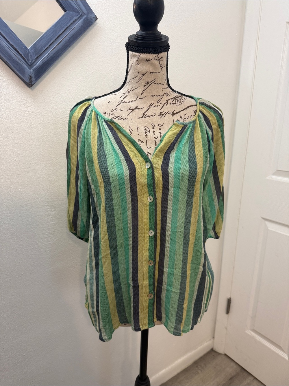 Liverpool Striped Button-Front Blouse in Green, Yellow and Navy